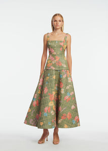 Floral Raffia Square Neck Dress in Cactus