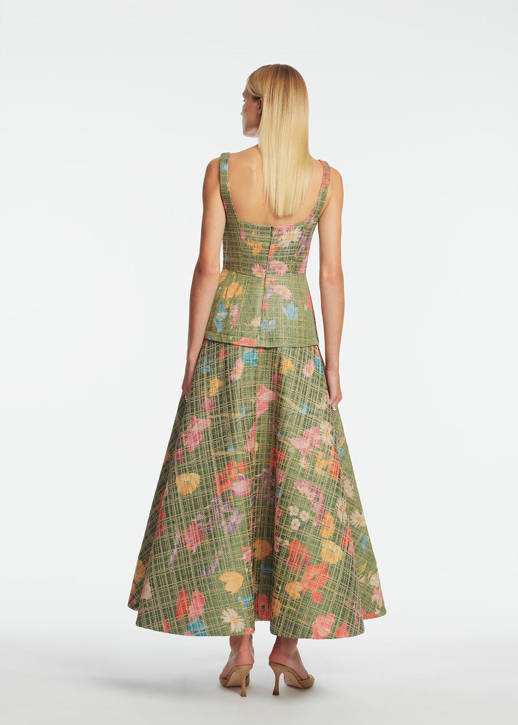 Floral Raffia Square Neck Dress in Cactus
