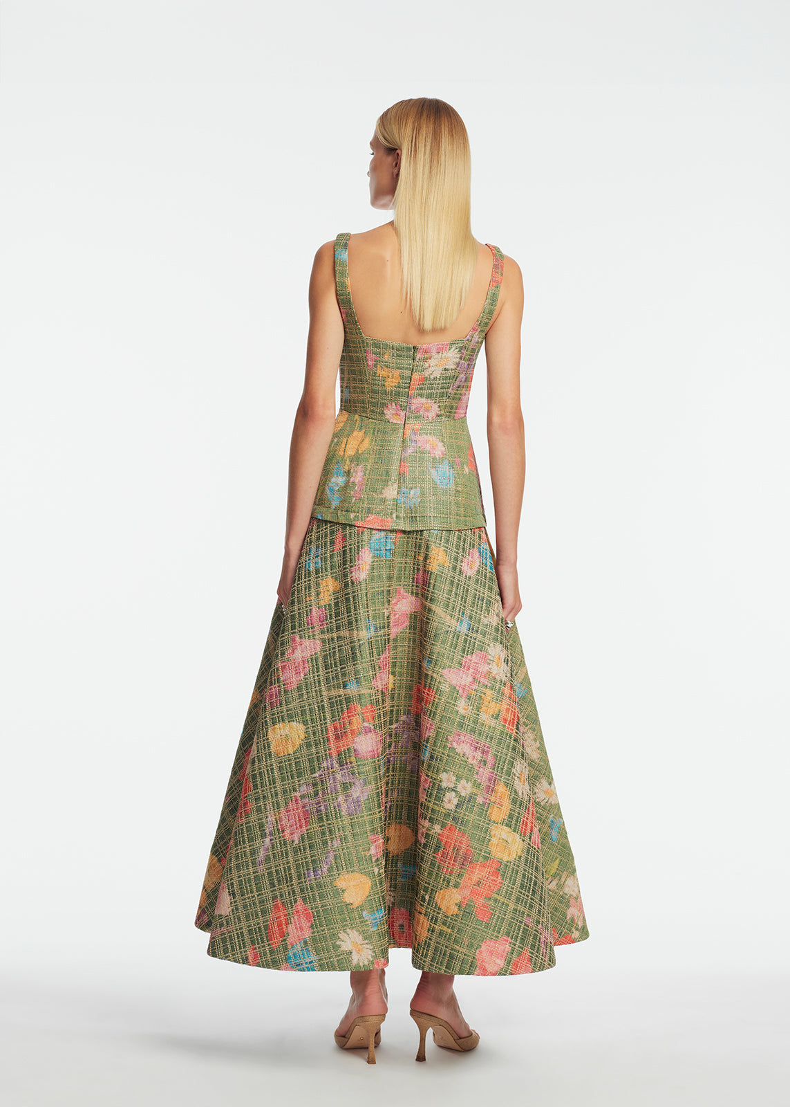 Floral Raffia Square Neck Dress in Cactus