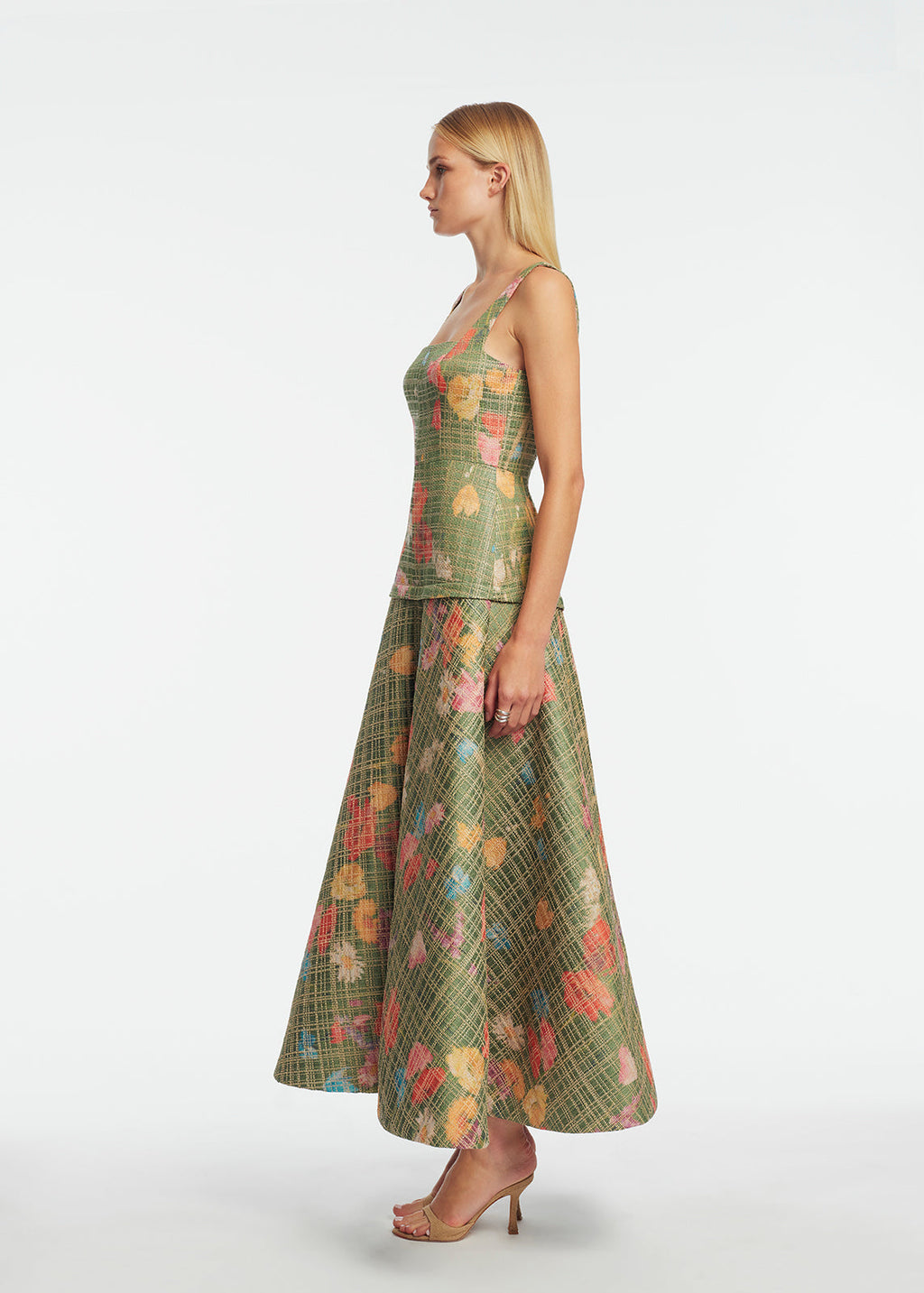 Floral Raffia Square Neck Dress in Cactus