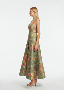 Floral Raffia Square Neck Dress in Cactus