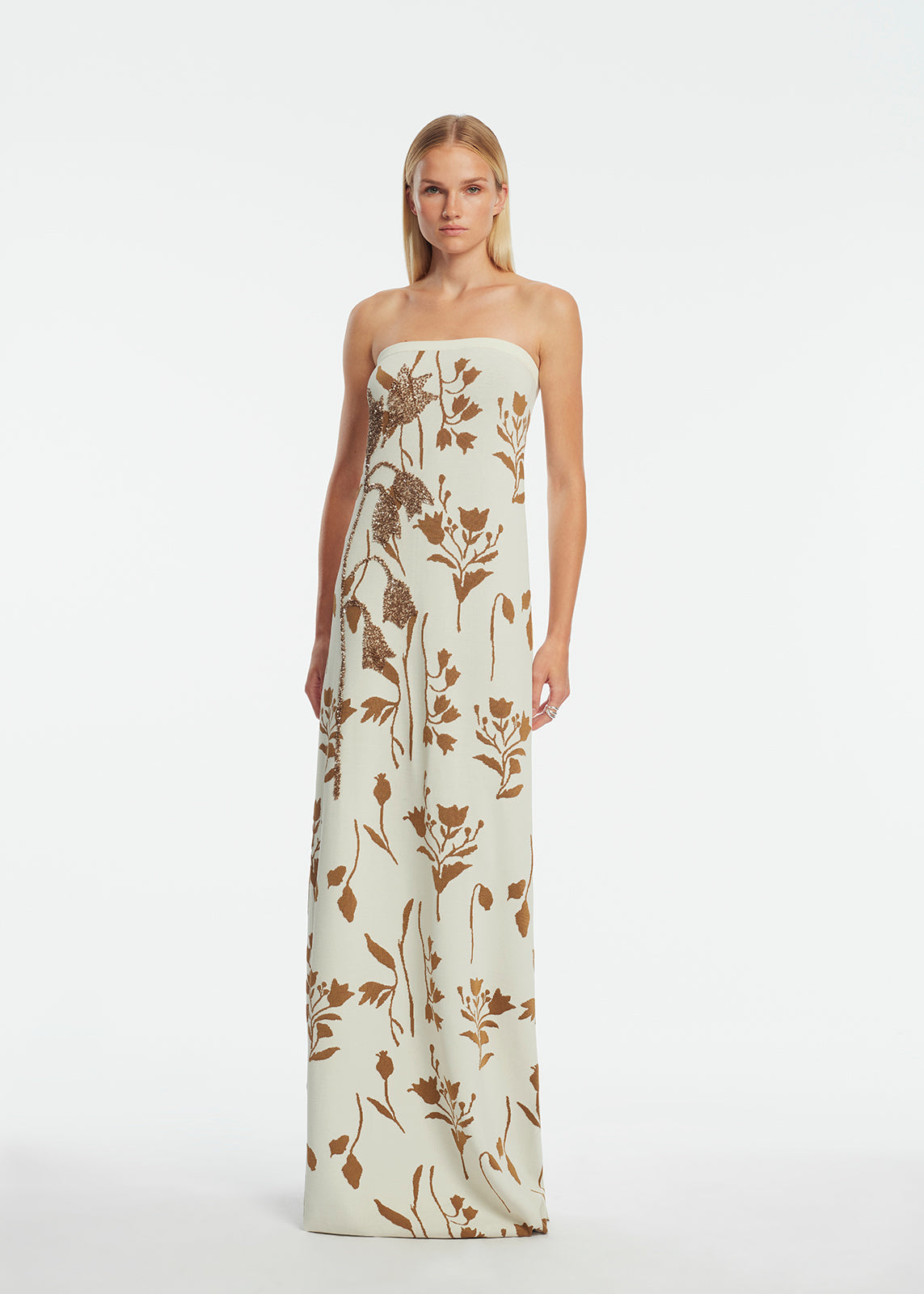 Floral Jacquard Knit Beaded Strapless Dress in Cream/Camel