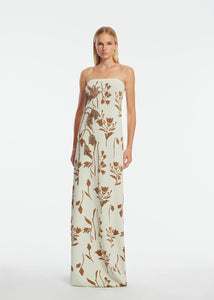 Floral Jacquard Knit Beaded Strapless Dress in Cream/Camel