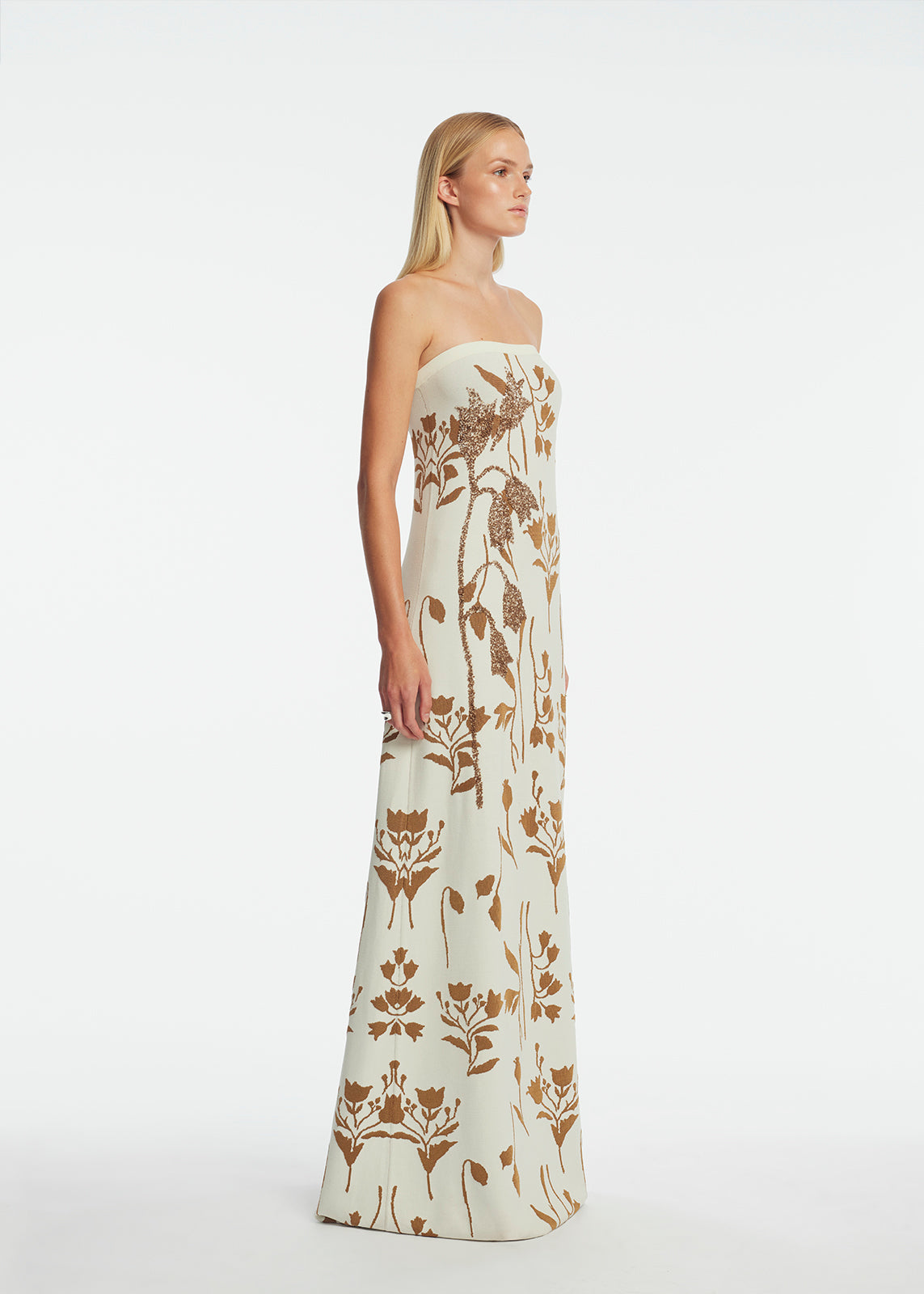 Floral Jacquard Knit Beaded Strapless Dress in Cream/Camel