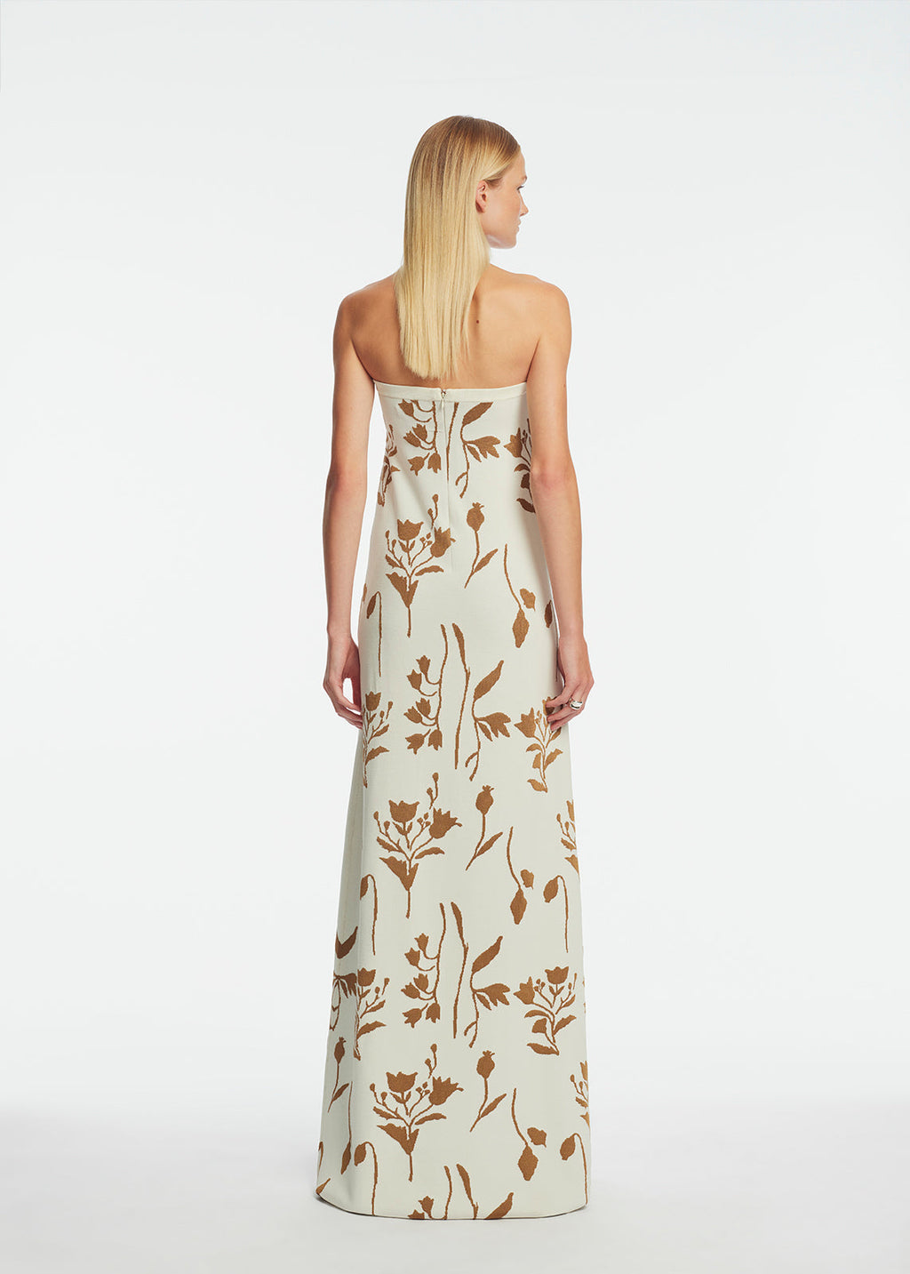 Floral Jacquard Knit Beaded Strapless Dress in Cream/Camel