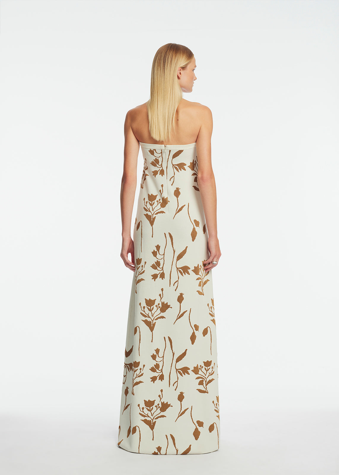 Floral Jacquard Knit Beaded Strapless Dress in Cream/Camel
