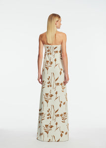 Floral Jacquard Knit Beaded Strapless Dress in Cream/Camel