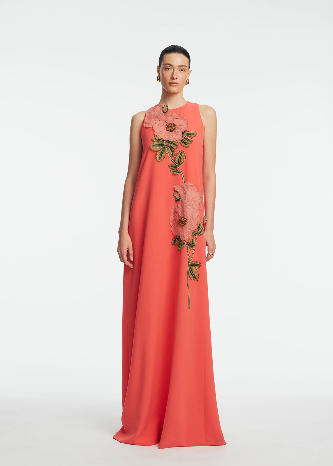 Peony Embroidered Fluid Crepe Francie Gown in Watermelon/Pink