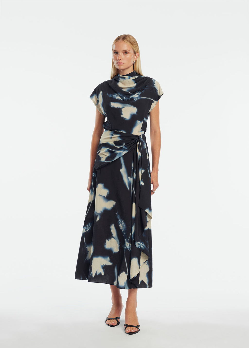 Abstract Floral Crepe Cascade Skirt in Navy