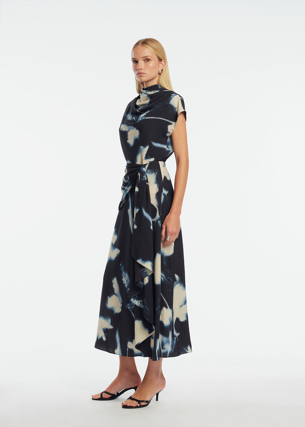 Abstract Floral Crepe Cascade Skirt in Navy