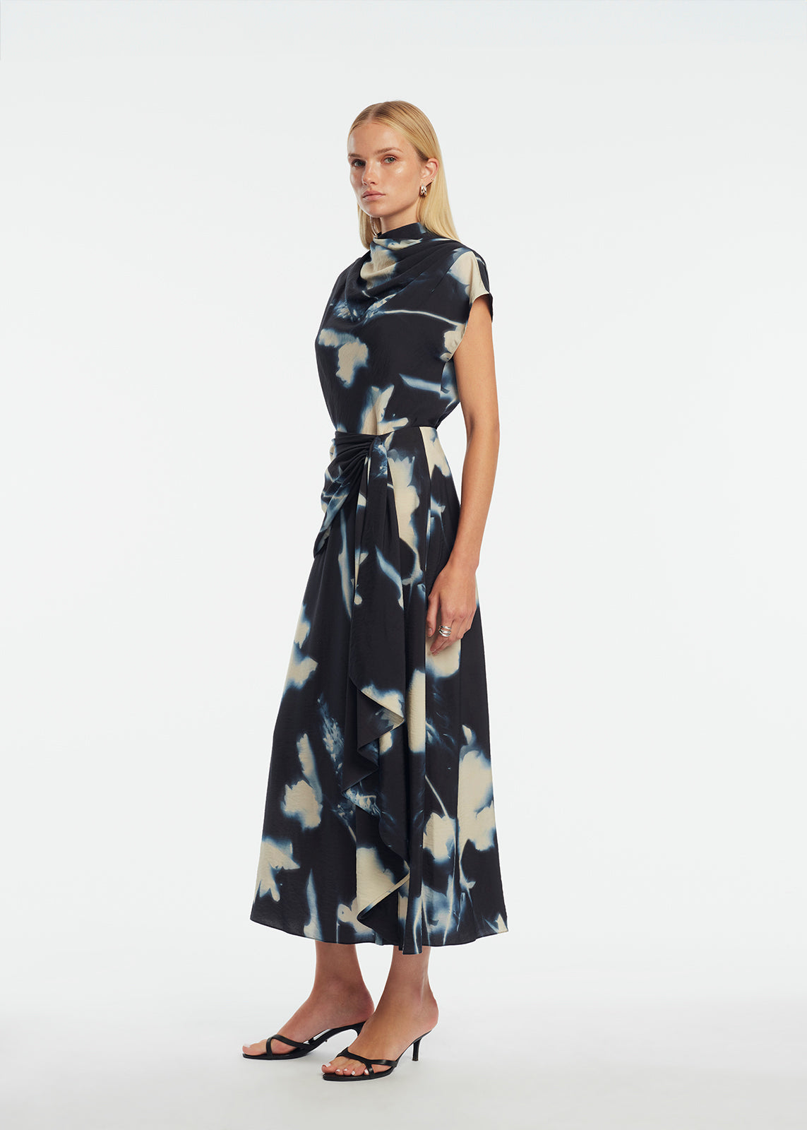 Abstract Floral Crepe Cascade Skirt in Navy