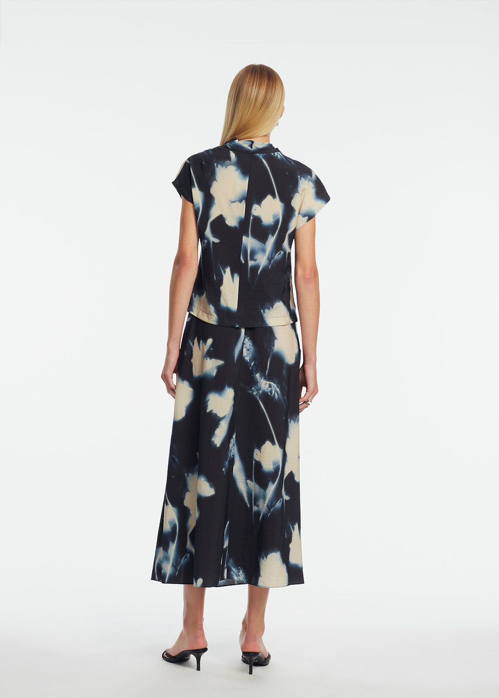 Abstract Floral Crepe Draped Top in Navy