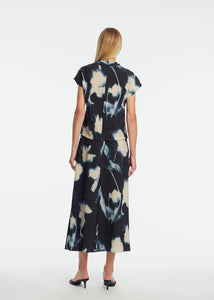 Abstract Floral Crepe Cascade Skirt in Navy