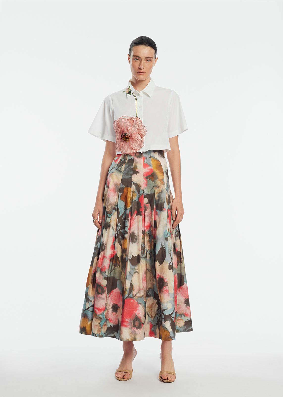 Floral Printed Cotton Full Skirt in Mist Multi