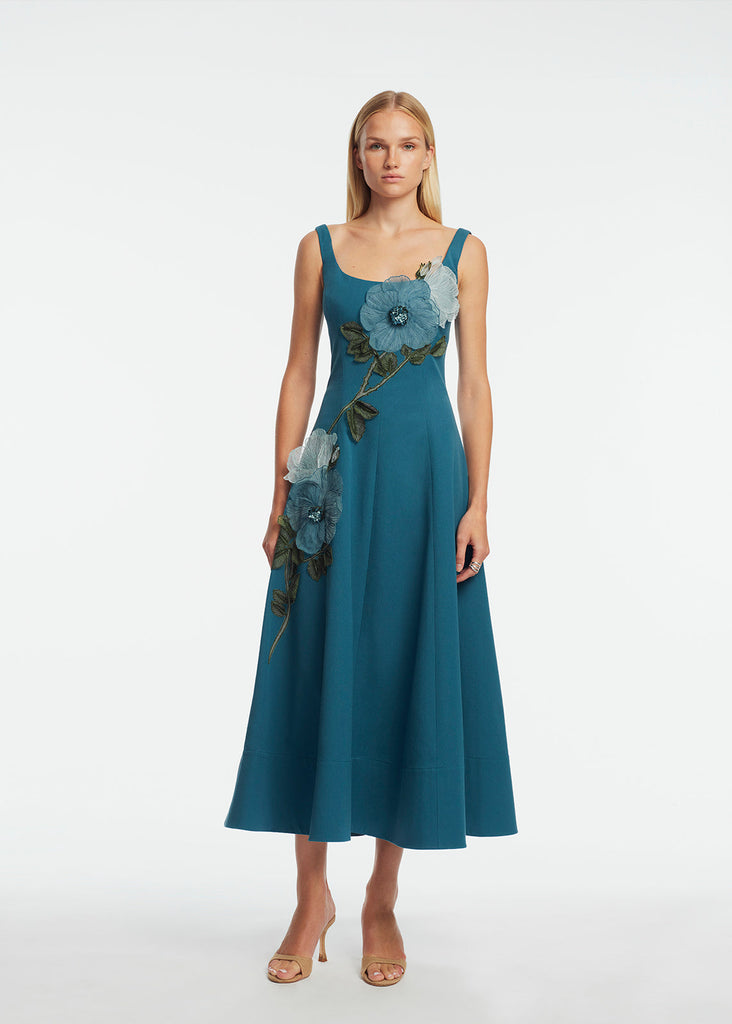 Peony Embroidered Stretch Cotton Full Dress in Mallard