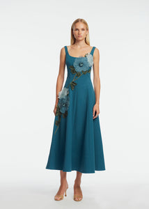 Peony Embroidered Stretch Cotton Full Dress in Mallard