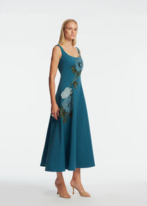 Peony Embroidered Stretch Cotton Full Dress in Mallard