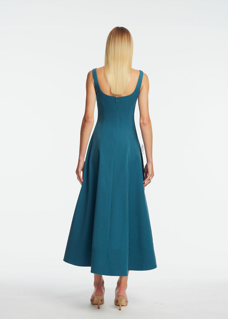 Peony Embroidered Stretch Cotton Full Dress in Mallard