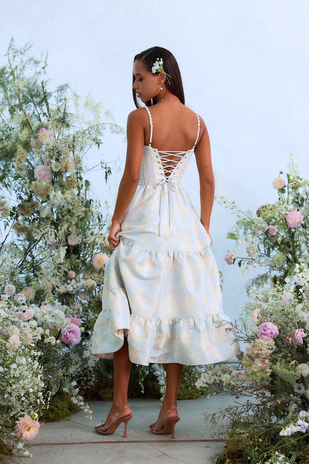 The Lorenza Dress in Sky Windsor Brocade 2 / Sky Windsor Brocade The Lorenza Dress in Sky Windsor Brocade 2 / Sky Windsor Brocade