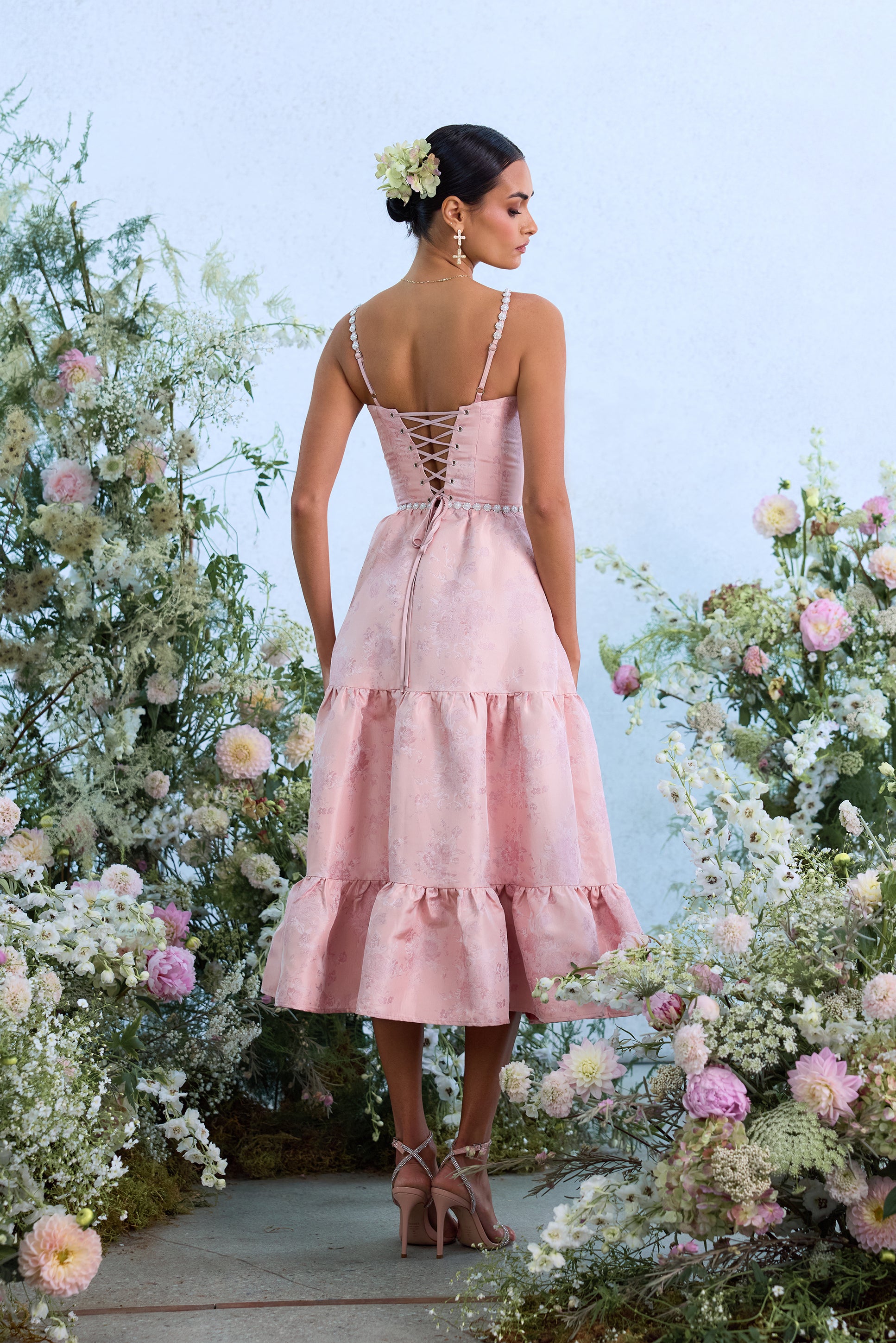 The Lorenza Dress in Light Pink Windsor Brocade | Over The Moon