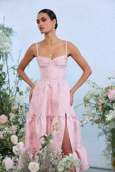 The Lorenza Dress in Light Pink Windsor Brocade | Over The Moon
