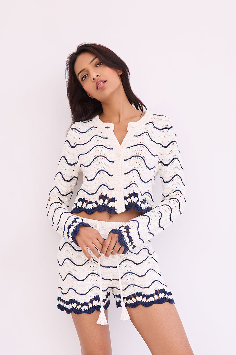 Louise Cardigan in White Navy Wave Stripe