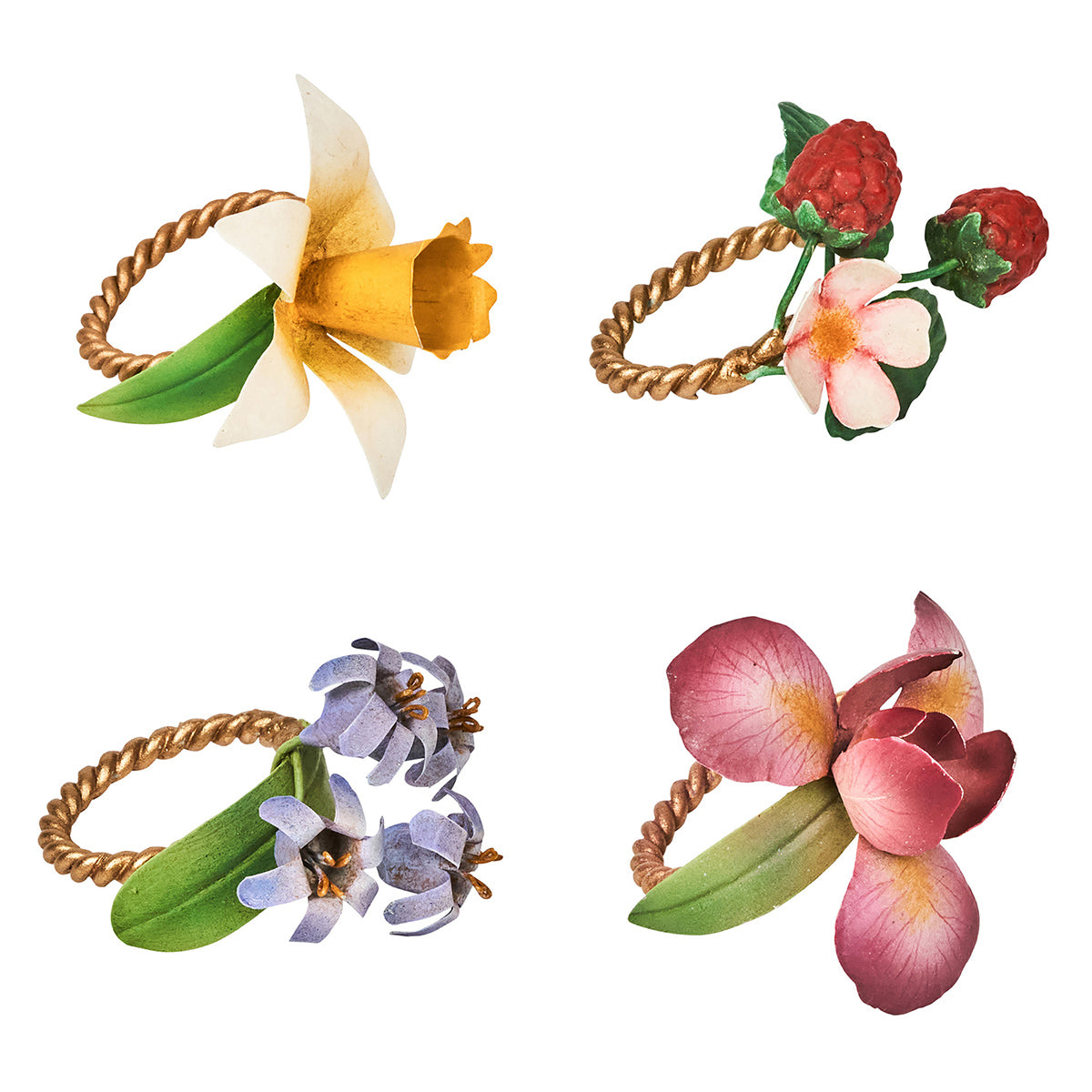 Front view of the Meadow Walk floral napkin ring set showcasing four assorted hand-painted blooms on gilded twisted rings against white