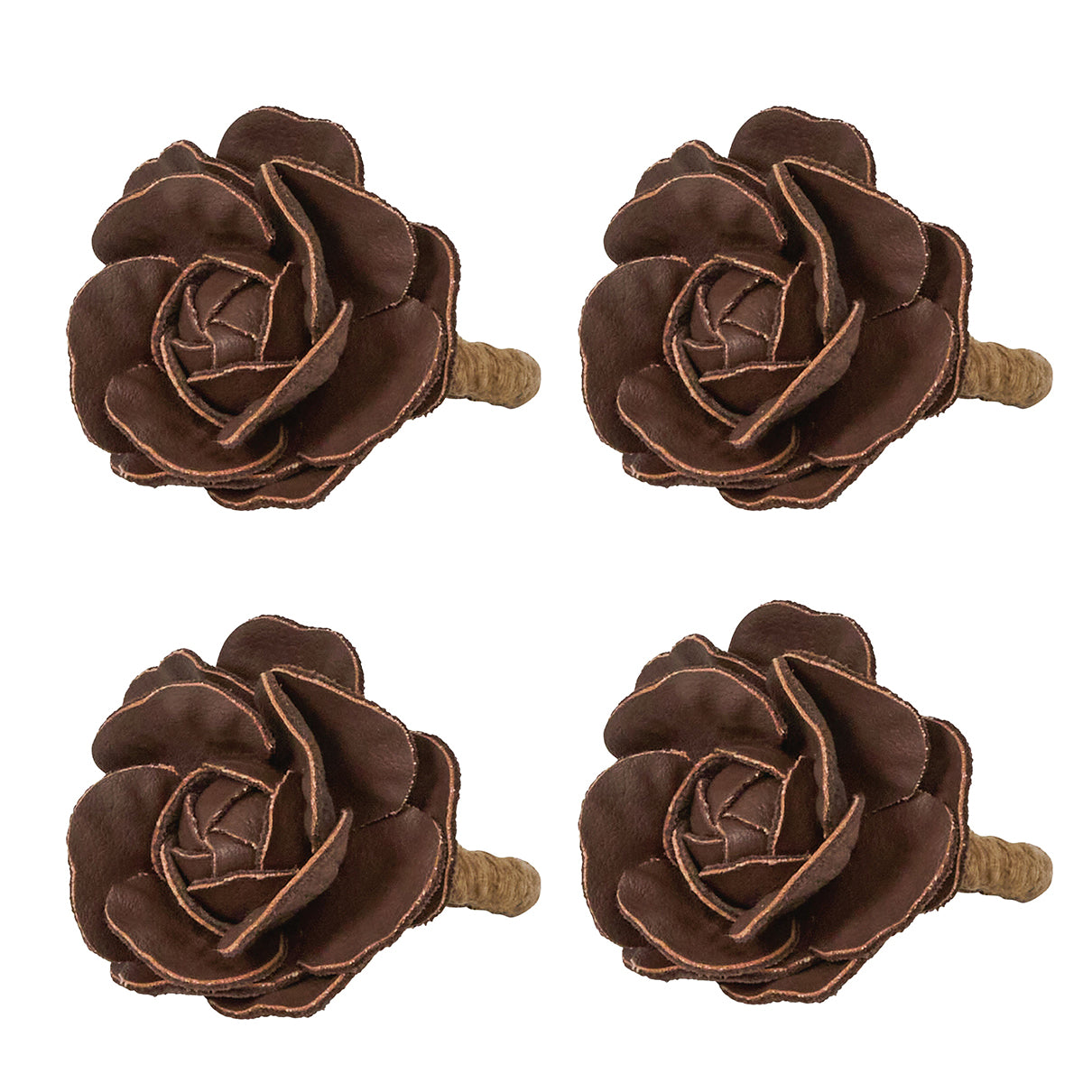 Top view of Camellia Napkin Ring in Brown, Set of 4 showcasing handcrafted leather rosettes on a white background