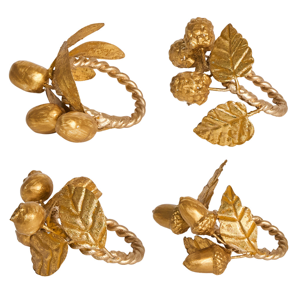 Forest Walk Leaf Napkin Ring Assorted  in Gold, Set of 4