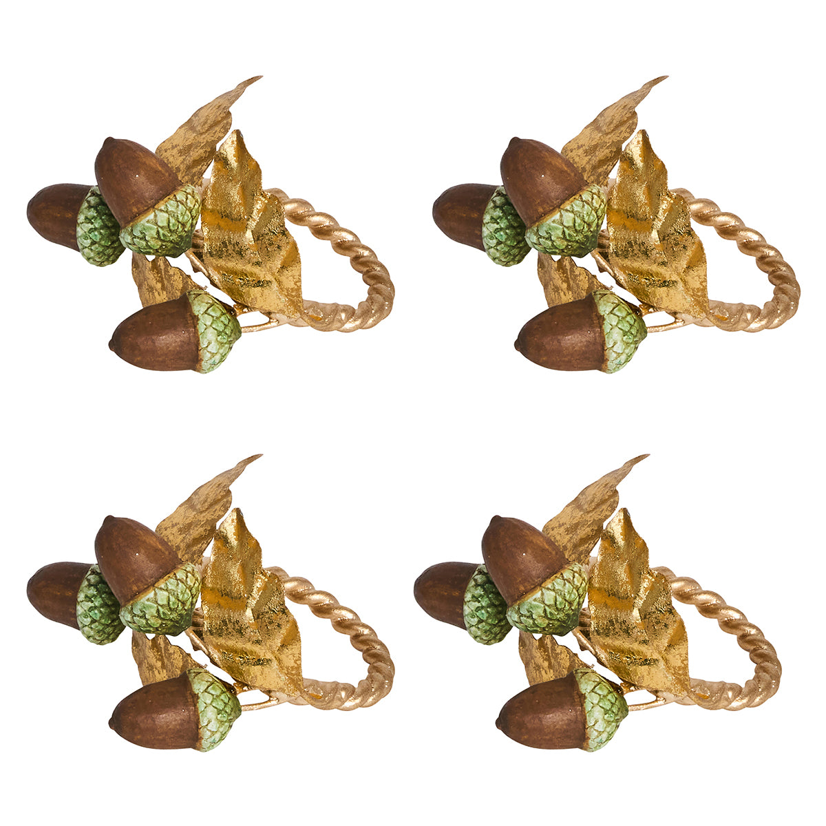 Front view of Forest Walk Acorn Napkin Ring set of four showcasing golden oak leaves and acorn clusters on a white background