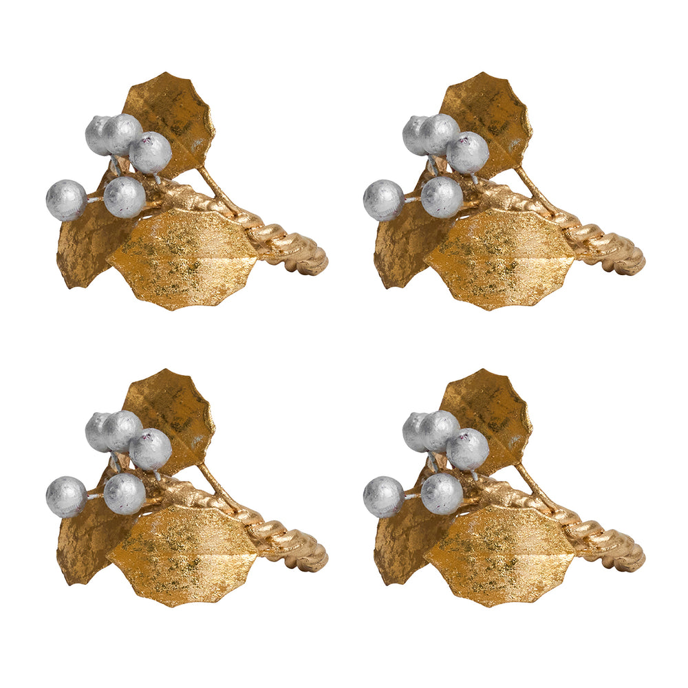 Front view of Forest Walk Holly with Berries napkin ring set of 4 showcasing gold leaves and silver berries on white background