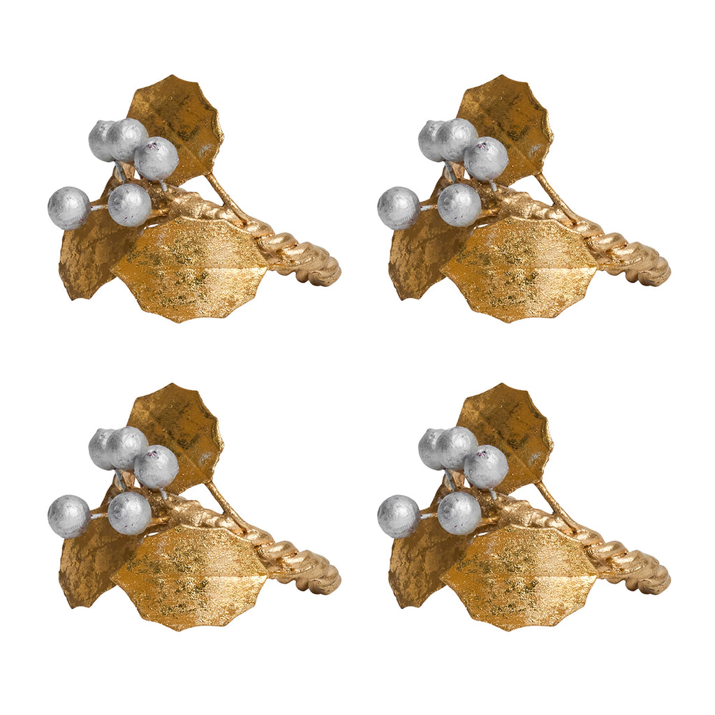 Forest Walk Holly with Berries Napkin Ring in Gold/Silver, Set of 4