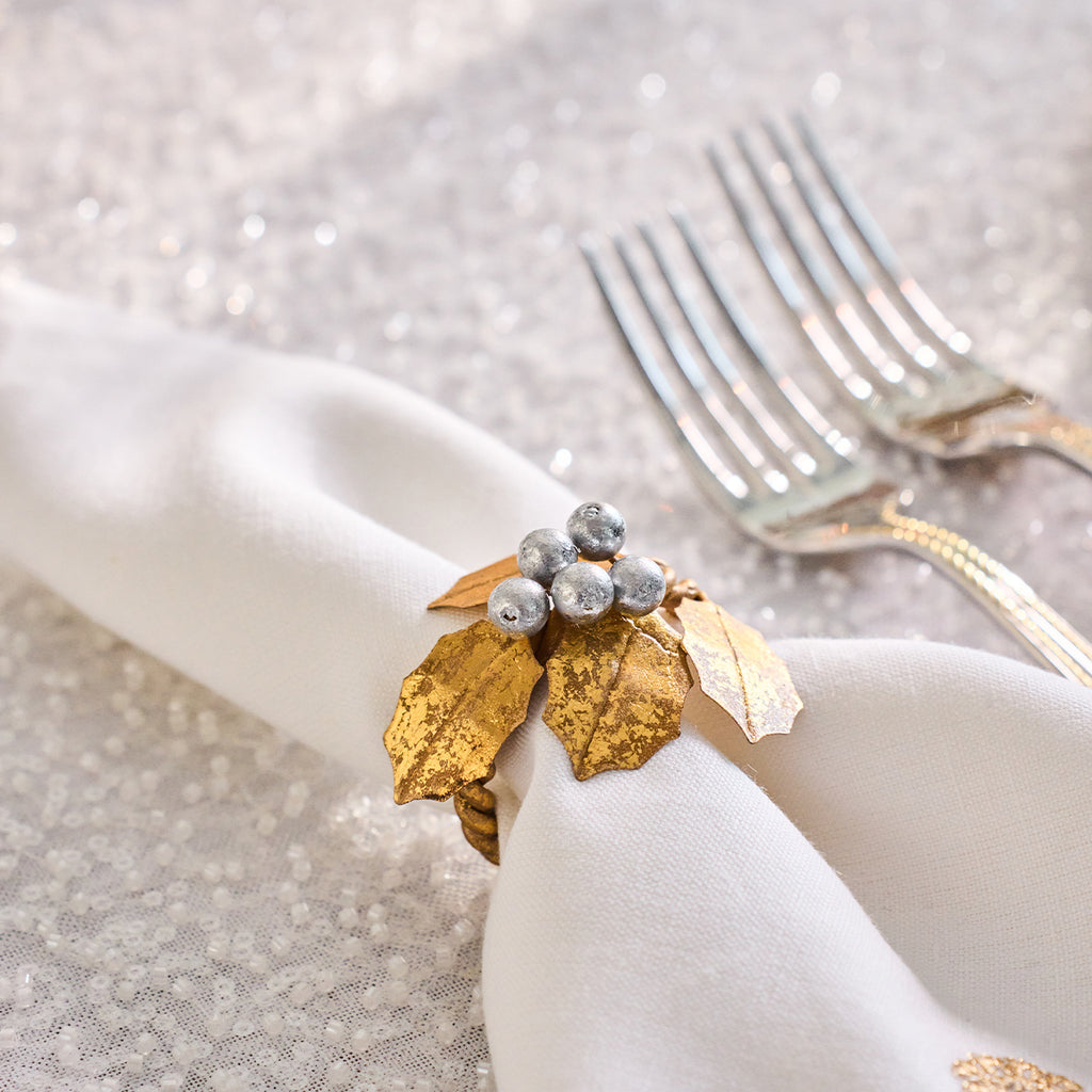 Forest Walk Holly with Berries Napkin Ring in Gold/Silver, Set of 4
