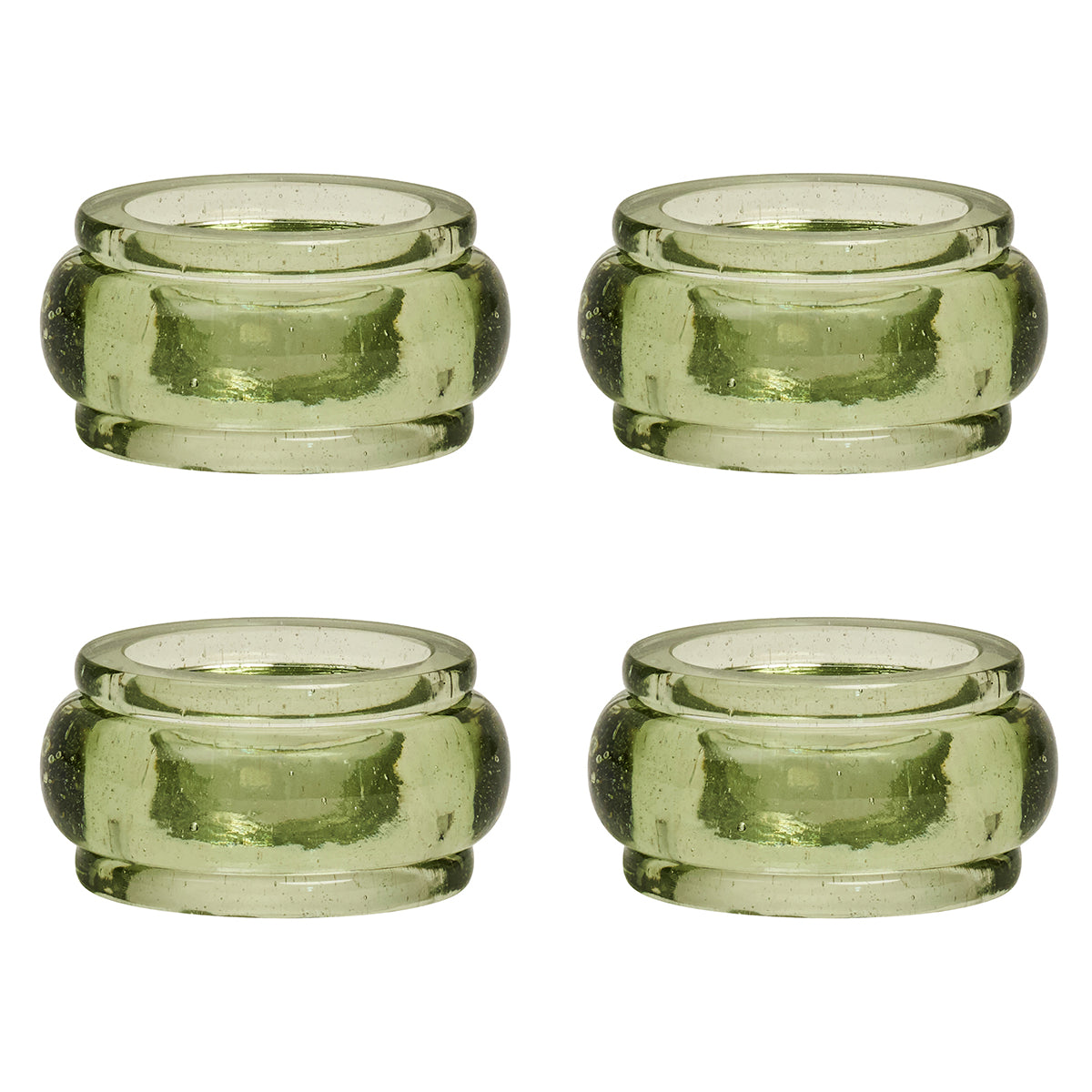 Front view of four basil green glass napkin rings showcasing chunky bangle silhouette on white background