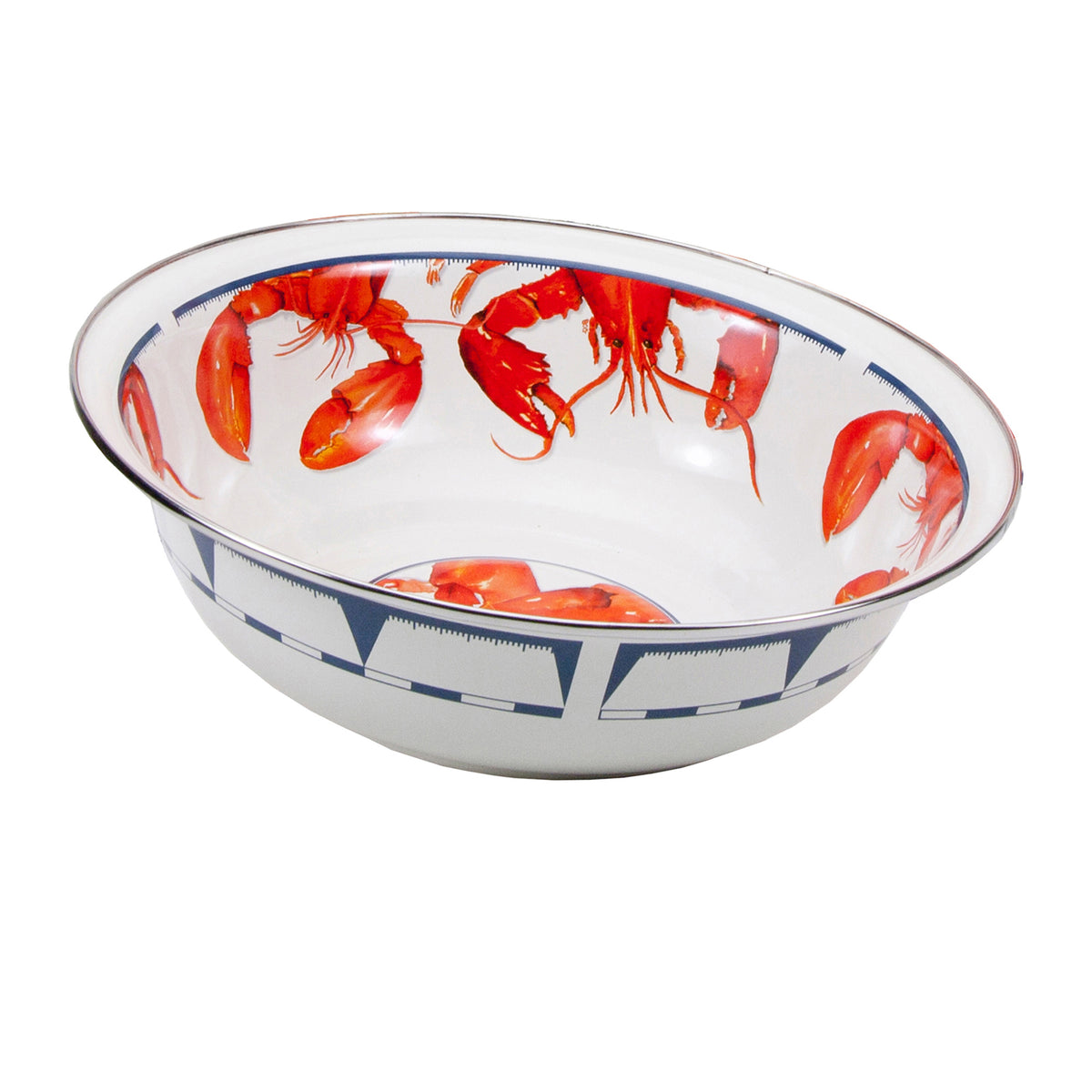 Angled view of Serving Bowl in Lobster showcasing red lobster motif and blue geometric border on white enamel with plain white background