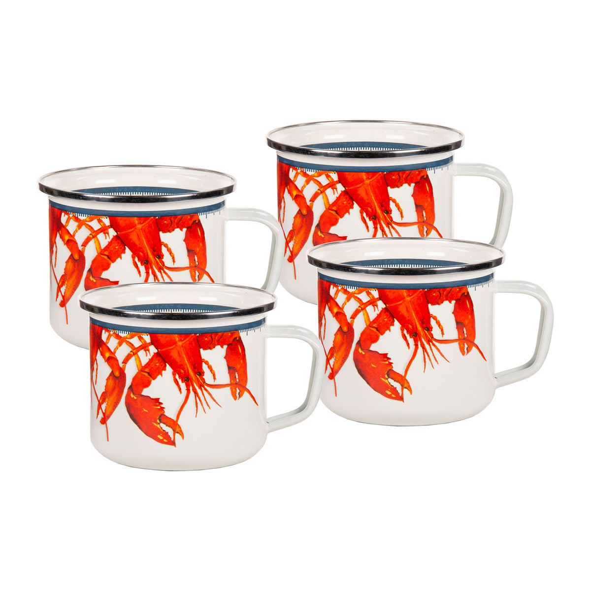 Front view of Grande Mugs in Lobster, Set of 4 showcasing lobster pattern, porcelain enamel, and stainless steel trim on white background