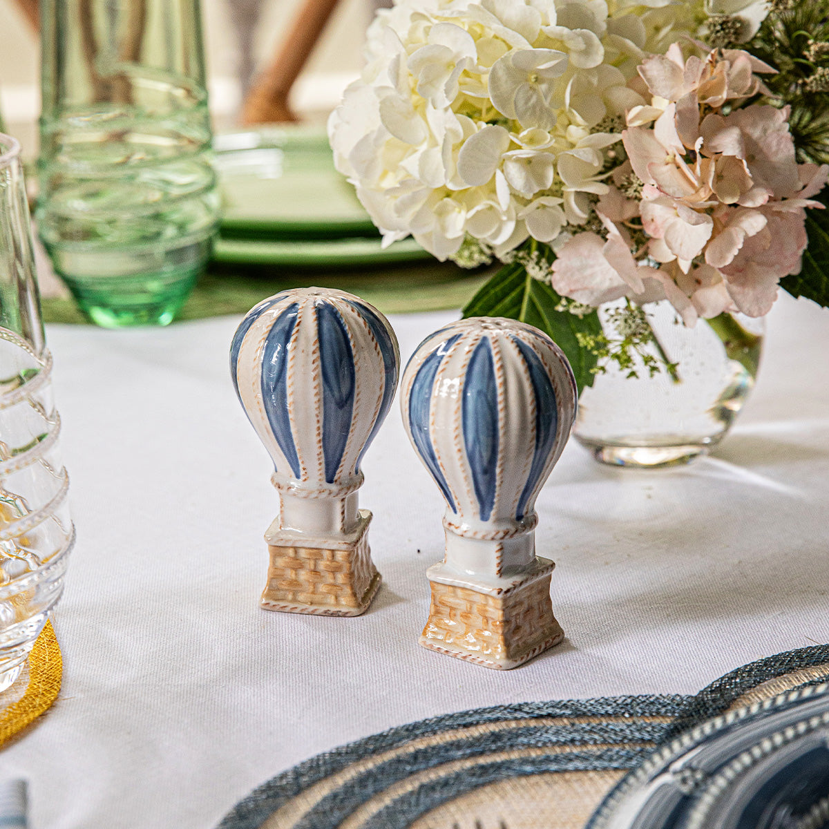 L’Amour Toujours Hot Air Balloon Salt and Pepper Shakers in Chambray, Set of 2