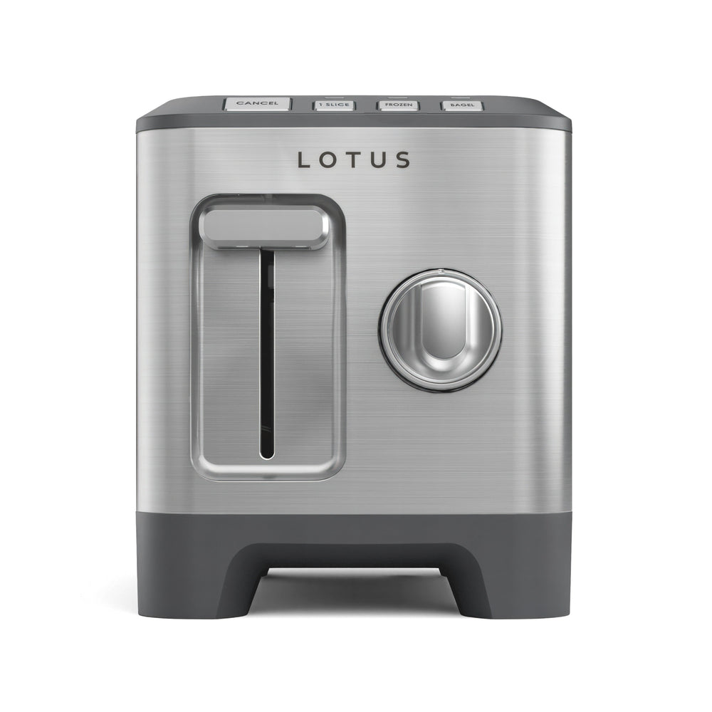 Front view of Lotus Two Slice Precision Toaster showcasing stainless steel finish, extra-wide slot, control knob, and LOTUS logo on white background