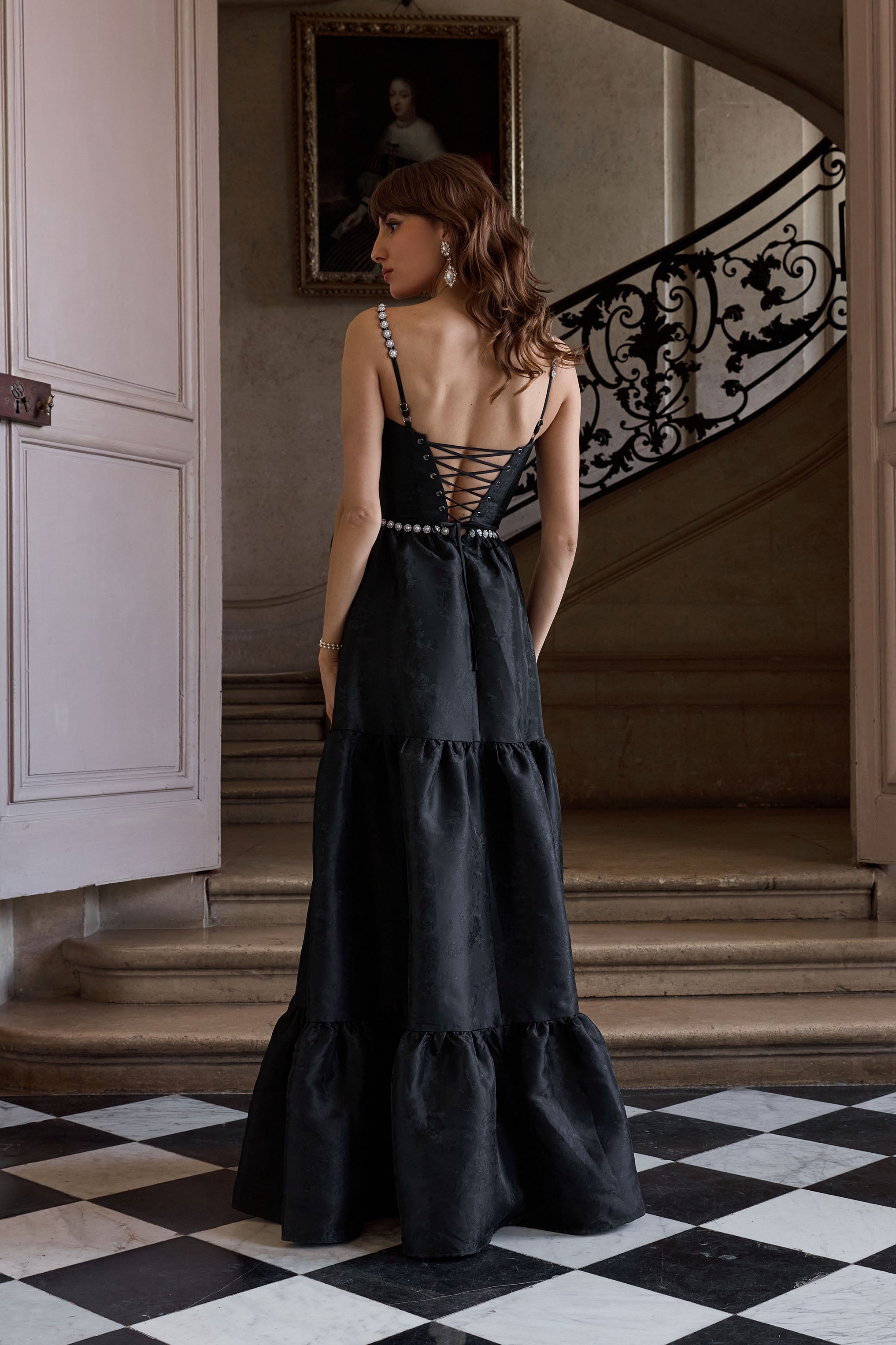 The Lucetta Dress in Black Windsor Brocade | Over The Moon