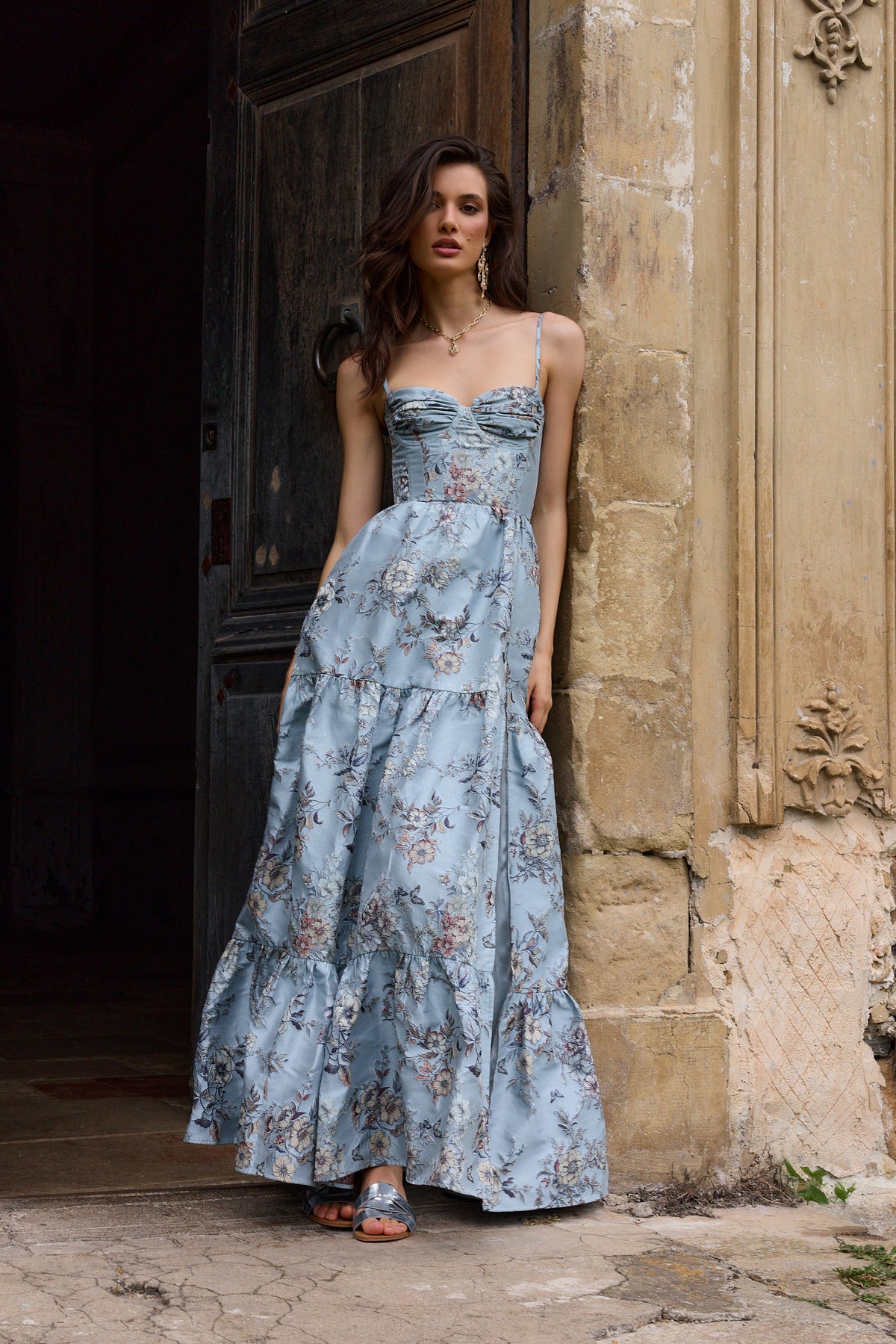 The Lucetta Dress in Light Blue Lilibet Brocade