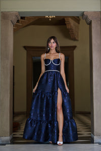 The Lucetta Dress with Beads in Navy Baroque Floral