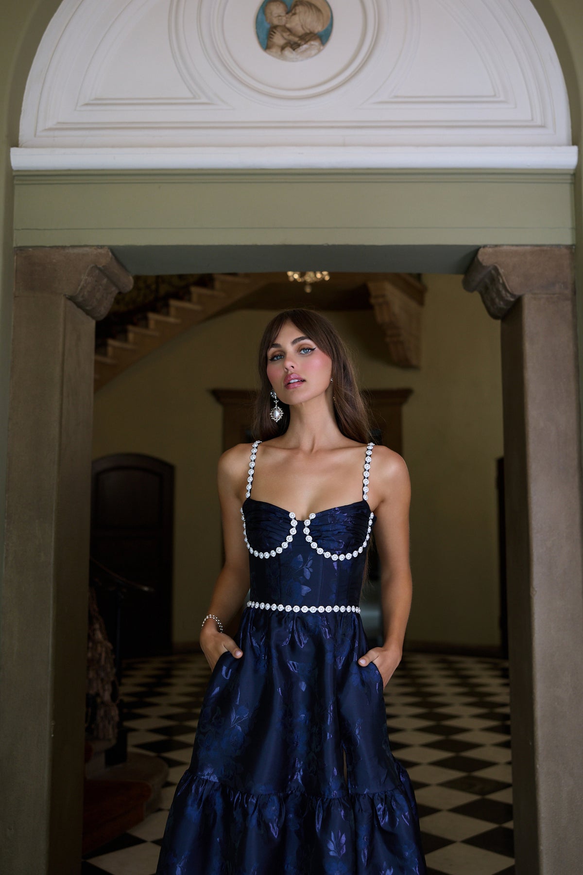The Lucetta Dress with Beads in Navy Baroque Floral