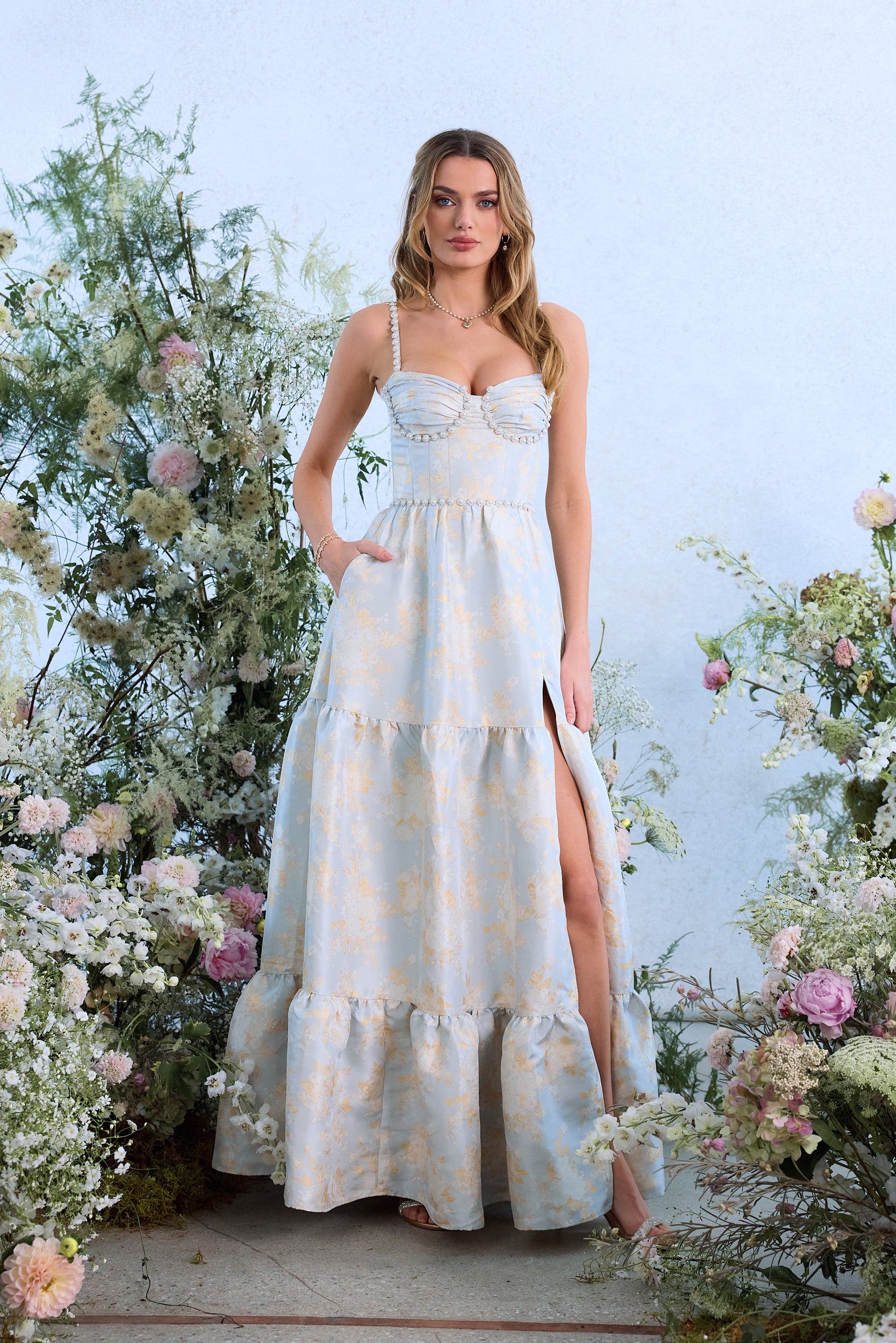 The Lucetta Dress in Sky Windsor Brocade | Over The Moon