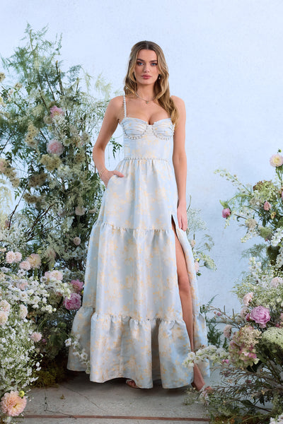 The Lucetta Dress in Sky Windsor Brocade | Over The Moon The Lucetta Dress in Sky Windsor Brocade | Over The Moon