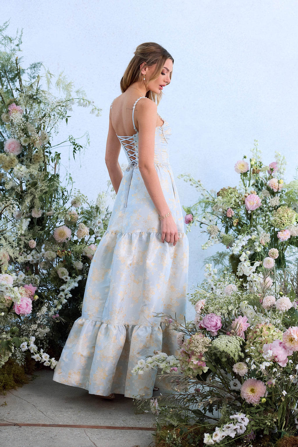 The Lucetta Dress in Sky Windsor Brocade 8 / Sky Windsor Brocade The Lucetta Dress in Sky Windsor Brocade 8 / Sky Windsor Brocade