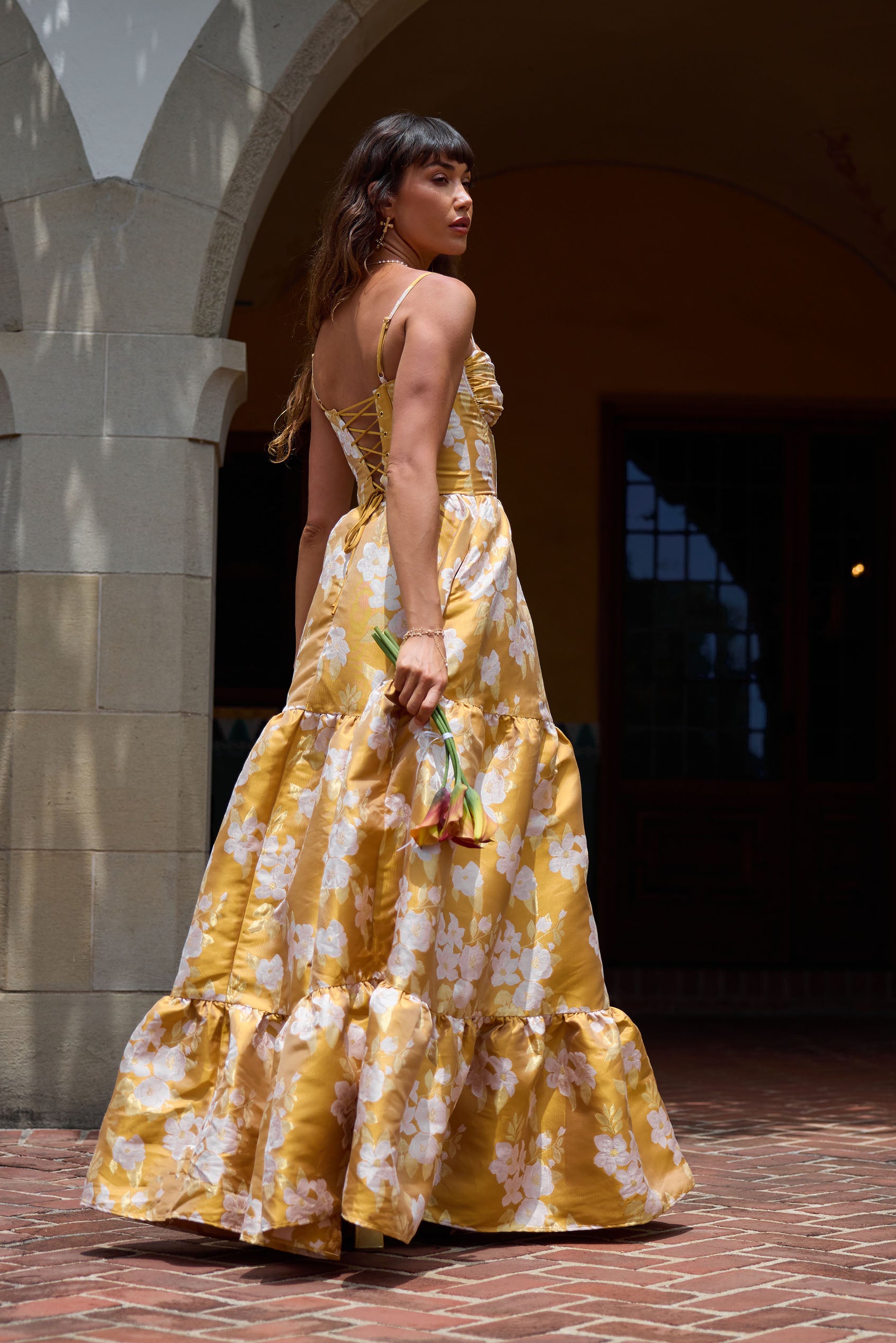 The Lucetta Dress in Gold Baroque Floral | Over The Moon