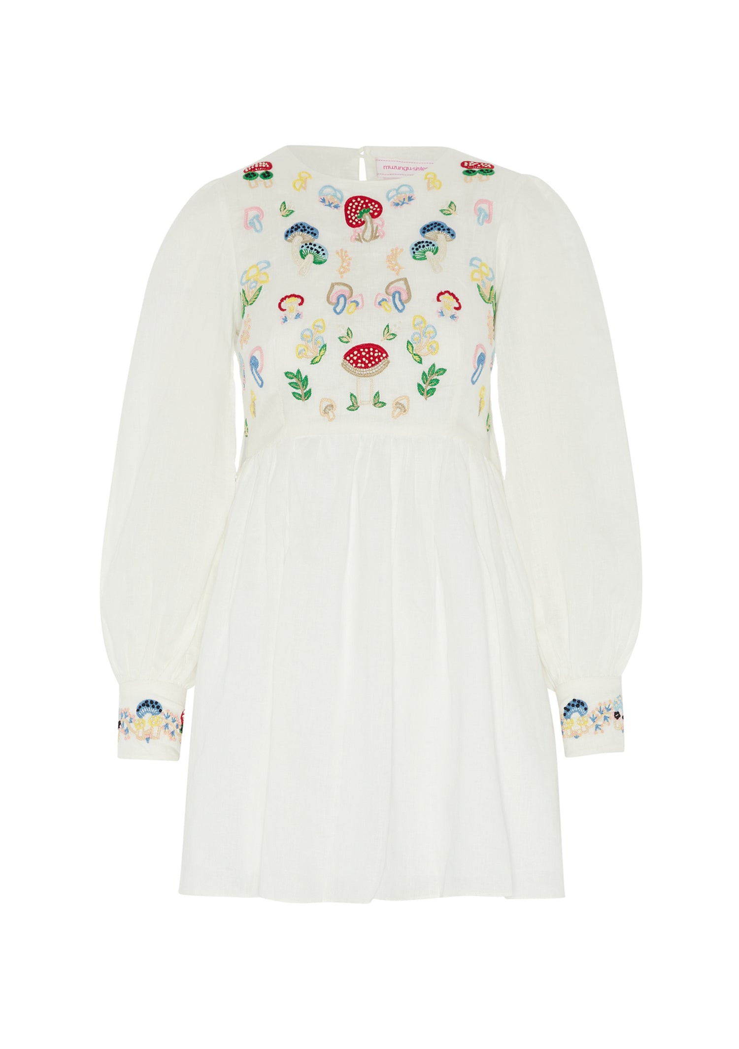 Emma Dress in White with Mushroom Embroidery