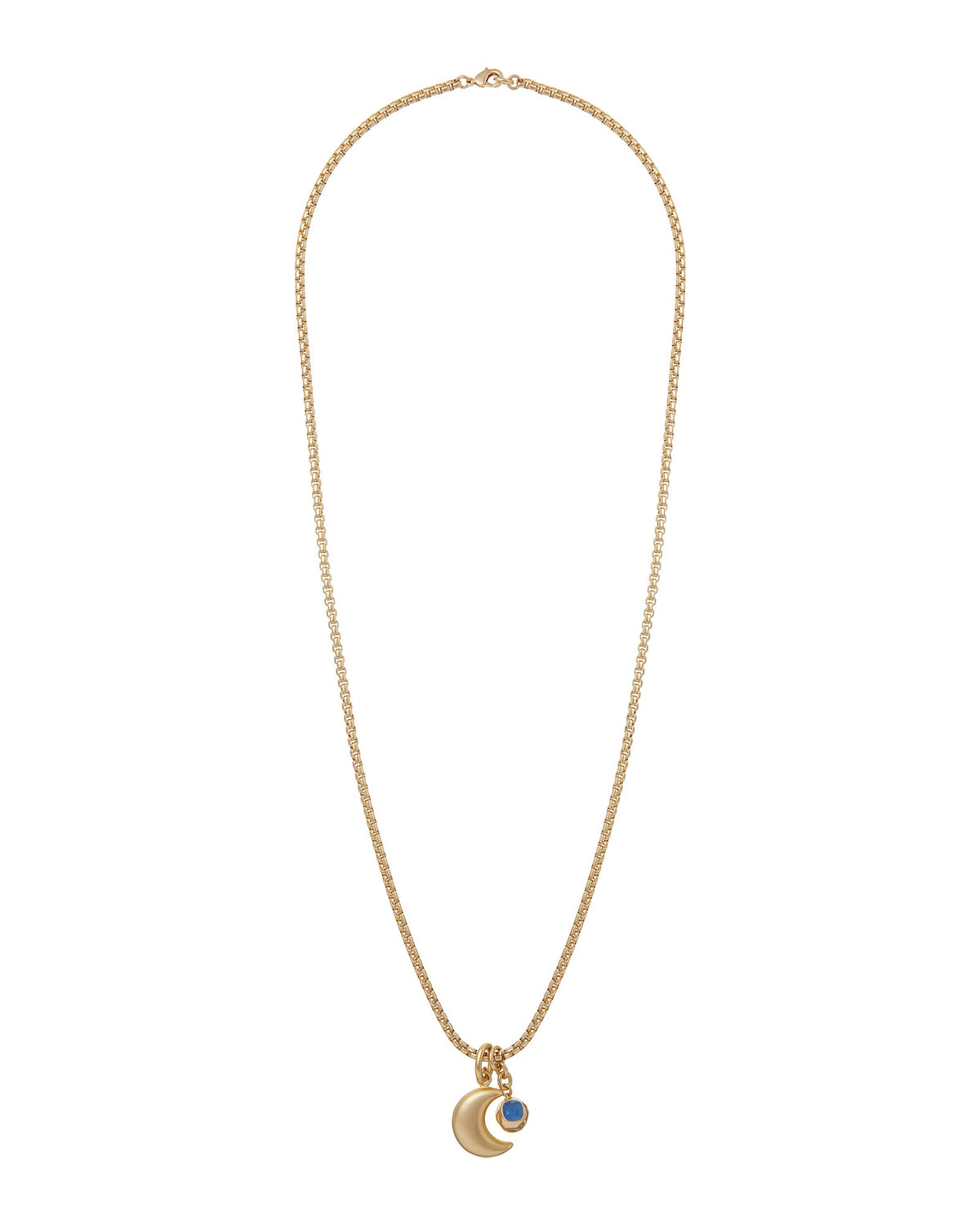 Front view of La Lune Pendant Necklace showcasing gold tone chain with puffy moon and navy glass ball charms