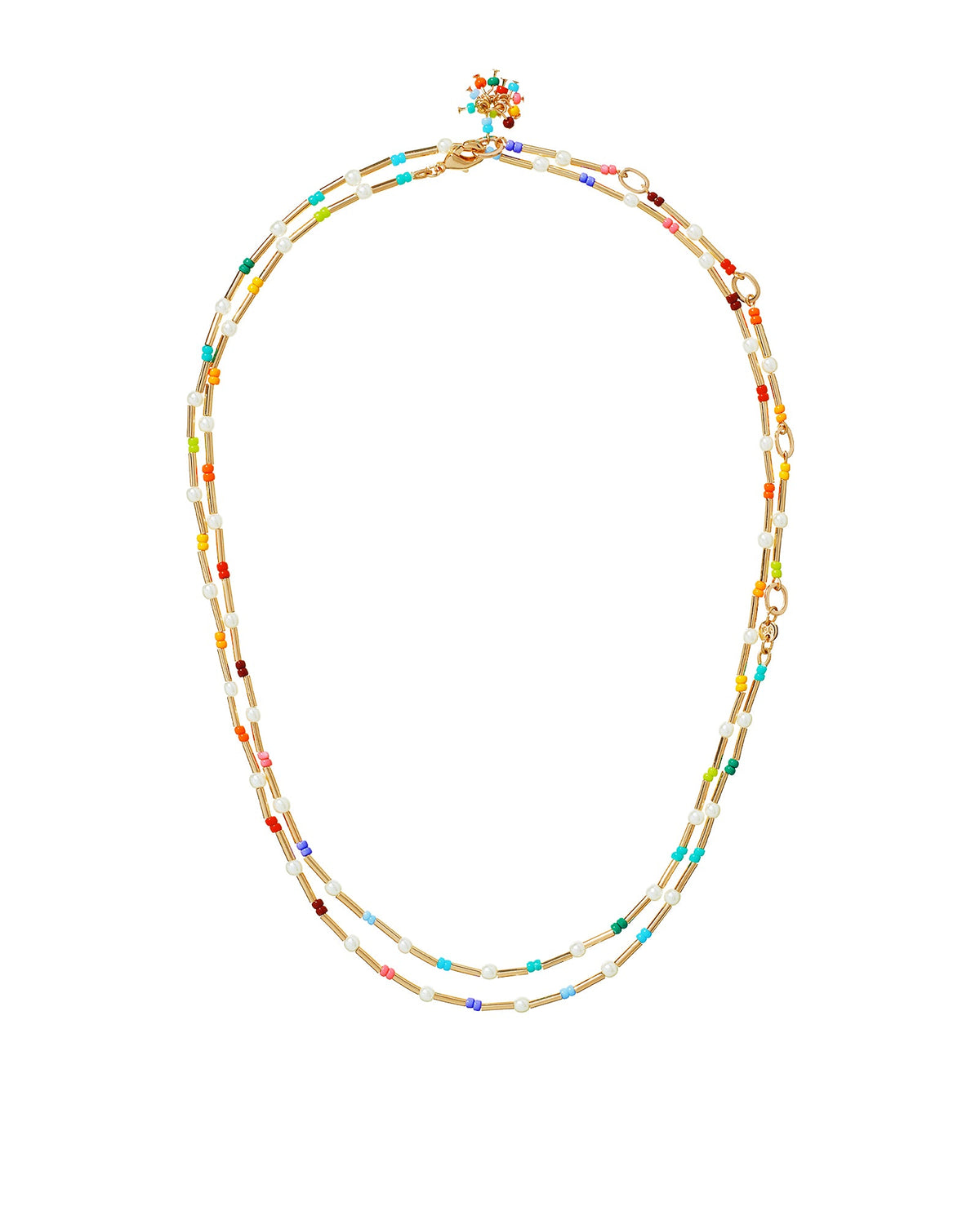 Front view of La Sponda Double Wrap Necklace showcasing colorful glass pearl and gold tone beads with white background