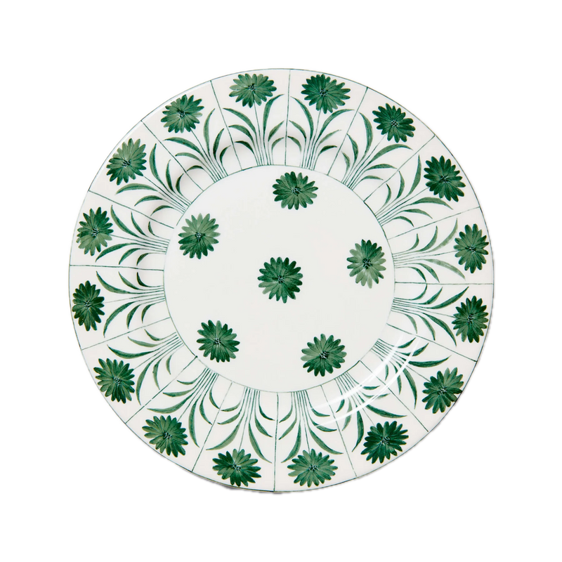 Top view of Daisy Plate in Green showcasing its green daisy and leaf pattern on a transparent background